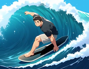 ((1male, solo, male focus, confident, surfing in wave)), (chubby:1.0), (bara:1.4), (stocky), ((tshirt, trunks, barefoot, surfing board)), short hair, crew cut, (cool, awesome), ocean background, best quality, ((flat anime, cartoon, masterpiece, best aesthetic, absurdres, highly detailed)), soft shaded