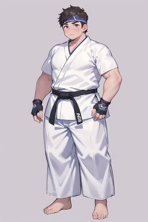 ((1boy_only, solo)), (chubby:1.2, stocky:1.2), ((white judo gi)), ((dougi)), barefoot, ((long pants)), (bara:1.2), (shota:0.25), (buzz_cut, short_hair), full body shot, ((cool, cute, awesome)), (fingerless gloves, narrow_headband), (chubby_face:0.8)