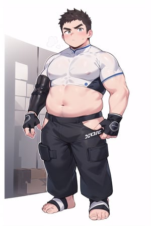 ((1male, fighter, long pants, feet in foot protectors, solo)), (chubby:1.0, bara stocky:1.3, round_face, serious look), (buzz_cut:0.75), full body shot, ((cool, cute, awesome)), (fingerless gloves, (white foot protectors, foot wrap)), (front_view), (chubby_face:0.8),male focus, standing_idle,best quality, masterpiece,ankle brace,foot protector, intricate details