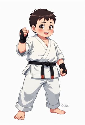 a slightly plump boy in white karate outfit with black belt, standing in fighting stance, he is bara stocky, wearing fingerless gloves, barefooted, his white pants is very long and loose, his hair is very short crew cut, his face is round cute and handsome, best quality and aesthetic, Flat colour anime style image showing, ultra resolution