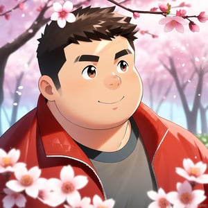 ((1male, solo, male focus, red jacket)), (chubby:1.0), (bara:1.4), (stocky), short hair, crew cut, ((half body)), (cool, cute, awesome), (round face), spring, blossom, outdoor, best quality, flat anime, masterpiece, best aesthetic, absurdres