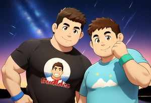 ((2boys, male focus, buddies, smile)), (bara:1.4), (chubby:1.0), stocky, (round_face), ((t-shirt with patterns, trinket, wristband)), (night, starry sky, riverbank, shooting stars), (cool, awesome, crew_cut), (close up:0.9), ((flat anime, best quality, best aesthetic, high res)),masterpiece