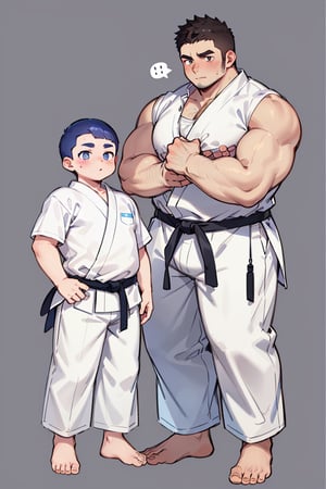 1boy, (chubby:1.2, stocky:1.2), white judo gi, dougi, barefoot, ((long pants)), (bara:1), (shota:0.5), buzz_cut, full body shot, ((cool, cute, awesome))