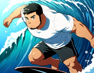 ((1male, solo, (mature male, beard, sideburns), male focus, confident, surfing in wave)), (chubby:1.0), (bara:1.4), (stocky), ((tshirt, trunks, barefoot, surfing board)), short hair, crew cut, (close up), (cool, awesome), ocean background, best quality, ((flat anime, cartoon, masterpiece, best aesthetic, absurdres, highly detailed)), soft shaded