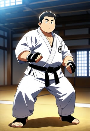 ((1male, solo, mature male, from front, round face)), (plump:1.3, bara:1.4, stocky:1.2), ((white karate gi)), short hair, crew cut, ((full body)), (cool, awesome), (fingerless gloves, black belt, toeless legwears), dojo background, best quality, anime, best aesthetic, amazing aesthetic