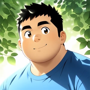 ((1male, solo, male focus, blue t-shirt)), (chubby:1.0), (bara:1.4), (stocky), short hair, crew cut, ((half body)), (cool, cute, awesome), round face, summer, poplar leaf, outdoor, best quality, flat anime, masterpiece, best aesthetic, absurdres