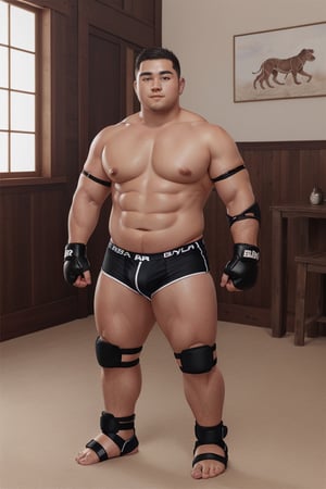 ((1boy_only, boxer, (solo), black ankle braces, foot wraps, barefoot)), (chubby:1.5, stocky:1.2, round_face, black ankle braces, topless), ((trunks)), (bara:1.7), buzz_cut, full body shot, ((cool, cute, awesome)), (fingerless gloves), (front_view), (chubby_face:0.8),Male focus, standing_idle,ankle brace,foot protector,best quality,toeless footwear,photorealistic,realistic