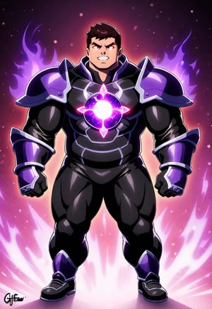 ((1boy, solo, male focus, red glowing eyes, teeth, guffaw, villain, dark energy arc)), (bara:1.4), (chubby:1.2), (stocky), (round_face), ((shadow energy armor, umbral energy, gauntlet, shadow aura)), (detailed background), (cool, awesome, short hair, full body shot), ((flat anime, best quality, best aesthetic, high res)),masterpiece