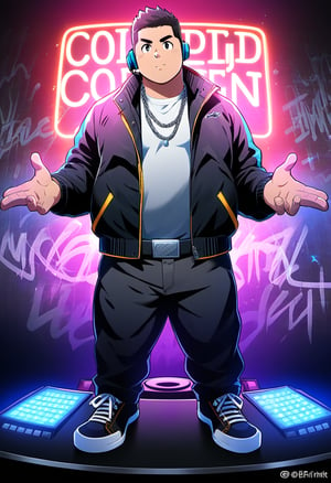 ((1boy, solo, male focus, confident, dj, standing behind turntable)), (round face), (plump:1.0), (bara:1.0), (stocky), ((jacket)), ((pants)), short hair, crew cut, ((full body)), (cool, awesome), (black belt, earphone, silver necklace, trinket, (shoes)), (grafitti background, neon lights, dynamic), ((anime, best quality, masterpiece, best aesthetic, high definition))