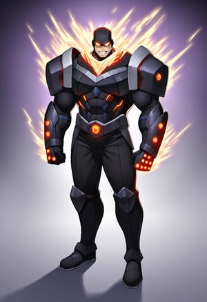 ((1boy, solo, male focus, red glowing eyes, gritting teeth, grin, villain, dark energy arc)), (bara:1.4), (chubby:1.2), (stocky), (round_face), ((dark energy armor, gauntlet)), (shadow aura), (cool, awesome, very short hair, full body shot), ((flat anime, best quality, best aesthetic, high res)),masterpiece