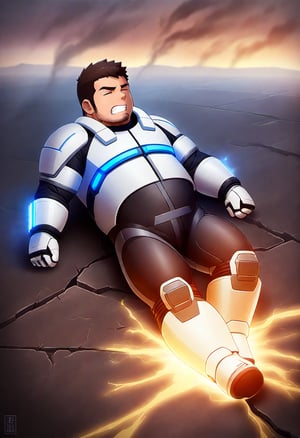 ((1boy, solo, male focus, stubble, beard, futuristic, clenched teeth, endurance, turn face aside, laying on ground, unconscious, fainted, weak, closed eyes, from top)), (bara:1.4), (chubby:1.0), stocky, (round_face), ((torn battle suit, cracks, sabotaged body, smoke, broken armor, gauntlet)), (energy power, detailed background), (cool, awesome, very short hair, (full body)), ((flat anime, best quality, best aesthetic, high res)),masterpiece