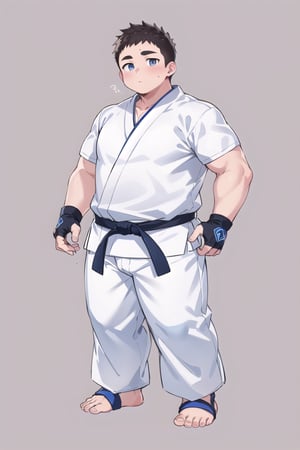 ((1boy_only, young, (solo), blue foot protectors, foot wraps)), (chubby:1.5, stocky:1.2, round_face), ((white judo gi)), ((dougi)), barefoot, ((long pants)), (bara:1.3), buzz_cut, full body shot, ((cool, cute, awesome)), (fingerless gloves), (front_view), (chubby_face:0.8),Male focus, standing_idle,ankle brace,foot protector