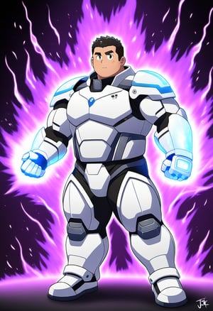 ((1boy, solo, male focus, normal look, energy wave, from distance)), (bara:1.4), (chubby:1.0), stocky, (round_face), ((tech armor, gauntlet)), (energy power, aura), (cool, awesome, very short hair, full body shot), ((flat anime, best quality, best aesthetic, high res)),masterpiece