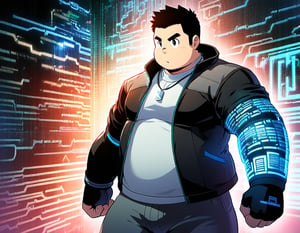 ((1boy, solo, male focus, hacker, virtual body)), (round face),  (bara:1.0), (stocky, plump), ((jacket)), ((pants)), short hair, crew cut, (cool, awesome), (head monitor, fingerless gloves, elbow band, silver necklace, trinket), (cybernetic background, LCD digits, codes, holograms, data flow), ((anime, best quality, masterpiece, best aesthetic, high definition))