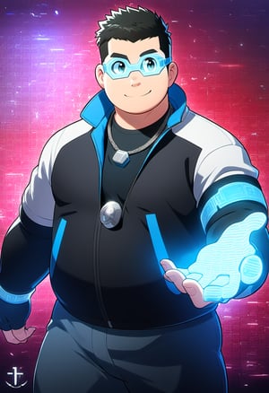 ((1boy, solo, male focus, smile, hacker)), (round face, scifi glasses),  (bara:1.0), (stocky, plump), ((jacket)), ((pants)), short hair, crew cut, (cool, awesome), (fingerless gloves, elbow band, silver necklace, trinket), (cybernetic background, codes, holograms, dynamic), ((anime, best quality, masterpiece, best aesthetic, high definition))