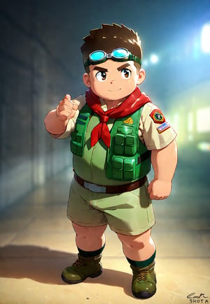 ((1boy, shota, scout, solo, male focus)), (chubby:0.8), (bara:1.4), ((goggles on forehead, green vest, red neckerchief)), short hair, crew cut, ((full body)), (cool, awesome), ((flat anime, best quality, best aesthetic, high res, masterpiece))