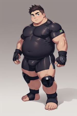 ((1boy_only, boxer, feet in foot protectors, solo)), (chubby:1.0, bara stocky:1.3, round_face, serious look), (buzz_cut:0.75), full body shot, ((cool, cute, awesome)), (fingerless gloves, (white foot protectors, foot wrap)), (front_view), (chubby_face:0.8),male focus, standing_idle,best quality, masterpiece,ankle brace,foot protector, intricate details