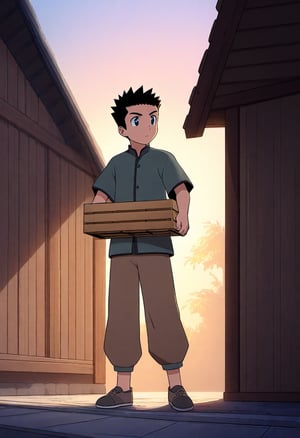 ((1boy, teenager, solo, male focus, spikey crew cut, speaking, looking around, (holding a large wooden (thin flat) box in both hands at stomach))), (thin:0.8), (short:1.0), ((traditional dark grey chinese shirt, brown peasant pants, chinese grey cloth shoes)), ((teal waist girdle)), (traditional street, shed, dusk, outdoor), ((flat anime, full body, cool, awesome, best quality, best aesthetic, high res)),masterpiece, lineart, flat color