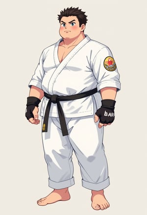 a slightly plump bara boy in white karate outfit with black belt, he is stout and stocky, wearing fingerless gloves, barefooted, his white pants is very long and loose, his hair is very short crew cut, his face is round cute and handsome, best quality, Flat colour anime style image showing, ultra resolution