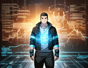 ((1boy, solo, male focus, hacker, virtual body)), (round face),  (bara:1.0), (stocky), ((jacket)), ((pants)), short hair, crew cut, (cool, awesome), (head monitor, fingerless gloves, elbow band, silver necklace, trinket), (cybernetic background, LCD digits, codes, holograms, data flow), ((anime, best quality, masterpiece, best aesthetic, 4k hdr, high definition))