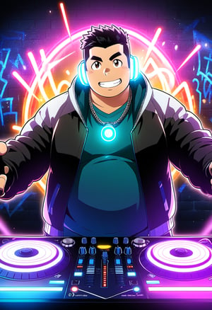 ((1boy, solo, male focus, grin, dj, behind turntable)), (round face), (plump:1.0), (bara:1.0), (stocky), ((jacket)), ((pants)), short hair, crew cut, (cool, awesome), (fingerless gloves, glowing earphone, silver necklace, trinket), (grafitti background, neon lights, sound columns, dynamic), ((anime, best quality, masterpiece, best aesthetic, high definition))