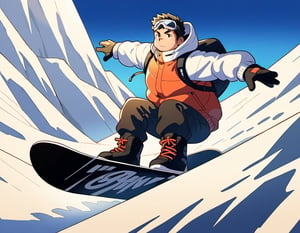 ((1male, solo, male focus, confident, snowboarding in air, Indy Grab, acrobatic)), (chubby:1.2), (bara:1.4), (stocky), ((snow jacket, woolen muffler, goggles on eyes, boots, snowboard)), short hair, crew cut, (cool, awesome), snow mountain background, best quality, ((flat anime, cartoon, masterpiece, best aesthetic, absurdres, highly detailed)), soft shaded