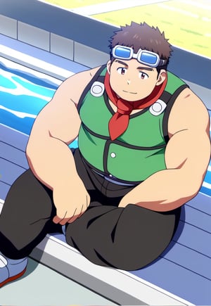 ((1male, solo, male focus)), (chubby:0.8), (bara:1.4), ((goggles on forehead, green vest, red neckerchief)), river bank, short hair, crew cut, ((full body)), (cool, awesome), ((flat anime, best quality, best aesthetic, high res, masterpiece))