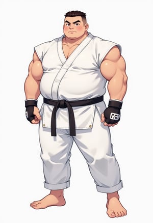 a stout buff boy in white karate outfit with black belt, he is stocky, wearing fingerless gloves, barefooted with toeless legwears, his white pants is very long and loose, his hair is very short crew cut, his face is round cute and handsome, best quality, Flat colour anime style image showing, ultra resolution