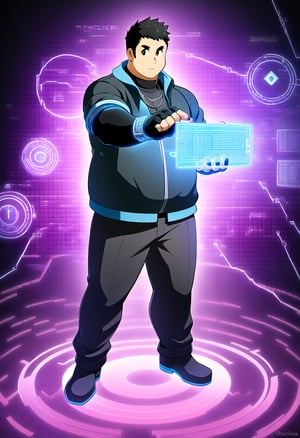 ((1boy, solo, male focus, hacker, virtualization)), (round face),  (bara:1.0), (stocky, plump), ((jacket)), ((pants)), short hair, crew cut, (cool, awesome), (head monitor, fingerless gloves, elbow band, silver necklace, trinket), (cybernetic background, LCD digits, codes, holograms, data flow), (full body, (anime, best quality, masterpiece, best aesthetic, high definition))
