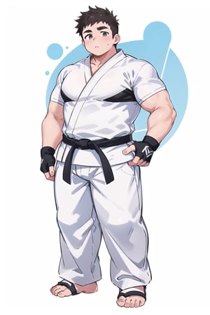 ((1boy_only, (solo), black foot protectors, foot wraps)), (chubby:1.5, stocky:1.2, round_face, blakc ankle braces), ((white judo gi)), ((dougi)), barefoot, ((long pants)), (bara:1.3), (shota:0.45), buzz_cut, full body shot, ((cool, cute, awesome)), (fingerless gloves), (front_view), (chubby_face:0.8),Male focus, standing_idle,ankle brace,foot protector