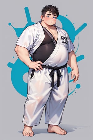 1boy, (chubby:1.2, stocky:1.2), white judo gi, dougi, barefoot, ((long pants)), (bara:1), (shota:0.5), buzz_cut, full body shot, ((cool, cute, awesome))