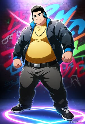 ((1boy, solo, male focus, confident, dj)), (round face), (plump:1.0), (bara:1.0), (stocky), ((jacket)), ((pants)), short hair, crew cut, ((full body)), (cool, awesome), (black belt, earphone, (shoes)), (grafitti background, neon lights, dynamic), ((anime, best quality, masterpiece, best aesthetic, high definition))