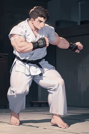 ((1boy, solo, gripping fists)), (chubby:1.2, stocky:1.2), ((white judo gi)), ((dougi)), barefoot, ((long pants)), (bara:1.2), (shota:0.25), buzz_cut, full body shot, ((cool, cute, awesome)), (fingerless gloves), (front_view), (chubby_face:0.8), (confident_look, prideful)