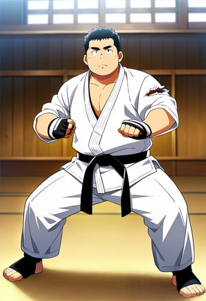 ((1male, solo, mature male, damaged, defeated, from front, round face)), (plump:1.3, bara:1.4, stocky), ((white karate gi)), short hair, crew cut, ((full body)), (cool, awesome), (fingerless gloves, black belt, toeless legwears), dojo background, best quality, anime, best aesthetic