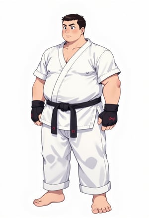 a slightly plump boy in white karate outfit with black belt, he is stout and stocky, wearing fingerless gloves, barefooted, his white pants is very long and loose, his hair is very short crew cut, his face is round cute and handsome, best quality, Flat colour anime style image showing, ultra resolution