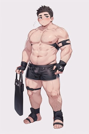 ((1boy_only, boxer, (solo), black foot protectors, foot wraps)), (chubby:1.5, stocky:1.2, round_face, black ankle braces, topless), ((boxer_shorts)), barefoot, (bara:1.7), buzz_cut, full body shot, ((cool, cute, awesome)), (fingerless gloves), (front_view), (chubby_face:0.8),Male focus, standing_idle,ankle brace,foot protector,best quality,toeless footwear