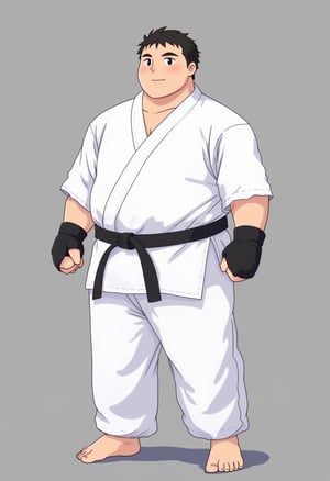 a plump boy in white karate outfit with black belt, he is stocky, wearing fingerless gloves, barefooted with toeless legwears, his white pants is very long and loose, his hair is very short crew cut, his face is round cute and handsome, best quality, Flat colour anime style image showing, ultra resolution,animefal