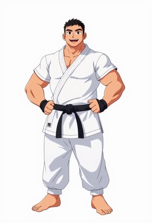 a stout buff asian boy in white karate outfit with black belt, he is stocky, wearing fingerless gloves, barefooted with toeless legwears, his white pants is very long and loose, his hair is very short crew cut, his face is round cute and handsome, best quality, Flat colour anime style image showing, ultra resolution,animefal