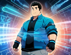 ((1boy, solo, male focus, half virtual body)), (round face),  (bara:1.0), (stocky, plump:0.8), ((jacket)), ((pants)), short hair, crew cut, (cool, awesome), (head monitor, fingerless gloves, elbow band), (cybernetic background, holograms, data flow), ((close up, anime, best quality, masterpiece, best aesthetic, 4k hdr, high definition))
