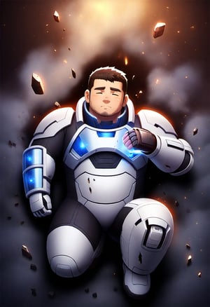 ((1boy, solo, male focus, stubble, beard, futuristic, burnt, lying on ground, unconscious, fainted, weak, closed eyes, from top)), (bara:1.4), (chubby:1.0), stocky, (round_face), ((broken battle suit, damaged, sabotaged body, smoke, broken armor, gauntlet)), (energy power, detailed background), (cool, awesome, very short hair, (full body)), ((flat anime, best quality, best aesthetic, high res)),masterpiece