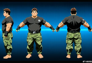 score_9, score_8_up, score_7_up, ((1male, solo, male focus, confident, character turnaround, character design, reference sheet, three-side view, (from front, from side, from behind))), (chubby:1.0), (bara:1.4), (stocky), (standing idle), ((black shirt)), ((barefoot)), ((long camouflage pants, ankle supports)), short hair, crew cut, ((full body)), (cool, awesome), (fingerless gloves, belt), (round face), solid background, best quality, anime, masterpiece, best aesthetic, absurdres