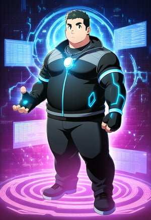 ((1boy, solo, male focus, hacker)), (round face, head monitor),  (bara:1.0), (stocky, plump), ((jacket)), ((pants)), short hair, crew cut, (cool, awesome), (fingerless gloves, elbow band, silver necklace, trinket), (cybernetic background, LCD digits, codes, holograms, data flow), (full body, (anime, best quality, masterpiece, best aesthetic, high definition))