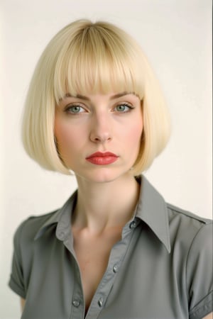 a headshot of a blonde woman with a bobcut with bangs. plain background. Photograph by Richard Avedon.