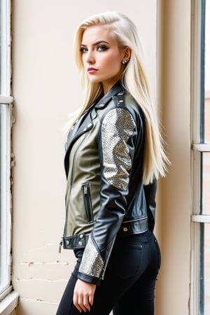 Prompt: a woman with long, straight blonde hair stands in front of a window, her face turned slightly to the left. She is wearing a black leather jacket, adorned with a camo-style jacket adorned with silver studs. Her jacket is draped over her left shoulder, adding a touch of contrast to her outfit. The backdrop is a cream-colored wall, providing a stark contrast to the woman's outfit. She looks disturbed by something seen.