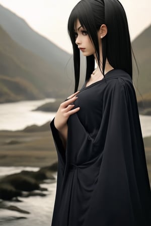 1girl, solo, looking at viewer, profile, upper body, long dark hair parted in the Middle, shaved eyebrows, wearing a dark dress and robes, background of a river valley, muted colors, 