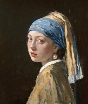 1girl, solo, looking at viewer, profile, upper body, single large pearl earring, intense eyes, parted lips, headband, traditional media, realistic, bandana, painting \(medium\) looking anxious 