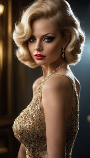 (A beguilingly elegant femme fatale, reminiscent of old Hollywood glamour, exudes the allure of "Casablanca" in every pose. Her cascading locks, styled in vintage waves, frame a face graced with smoky eyes and scarlet lips, embodying timeless beauty. The background, a smoky jazz club, sets the scene for intrigue and romance. This hyper-realistic painting captivates with its exquisite attention to detail, evoking the golden age of cinema with stunning clarity and depth), Detailed Textures, high quality, high resolution, high Accuracy, realism, color correction, Proper lighting settings, harmonious composition, Behance works,sheila