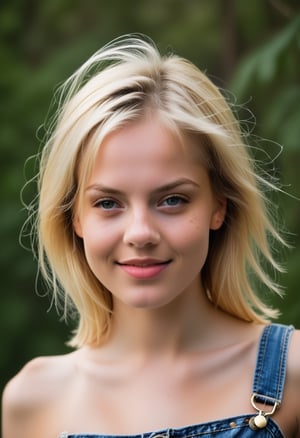 young woman with short, blonde hair and a scattering of freckles across her cheeks sits in front of a pure white background, her bare shoulders and upper body visible. Her eyes are cast slightly downward, while her lips curl into a subtle smile. A pair of overalls hangs loosely from her waist, adding a touch of playfulness to the otherwise minimalist composition. Soft, natural light illuminates her features, accentuating the texture of her skin. Photographer Richard Avedon, 1girl, dynamic pose 