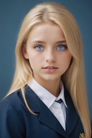 young woman in school uniform, golden hair with platinum highlights, blue eyes, perfect skin, 
professional analog film print, model pose, 