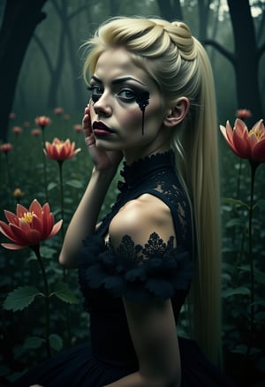 Enigmatic and beautiful woman in an Alice in Wonderland setting, crying obsidian black tears, deep emotional expression, surreal and whimsical atmosphere, Victorian dress, gothic elegance, ethereal glow, fantastical surroundings, hyperrealistic, dramatic chiaroscuro lighting, whimsical elements like oversized flowers and curious creatures, magical and dreamlike quality.,1girl,photographic images of a blonde woman